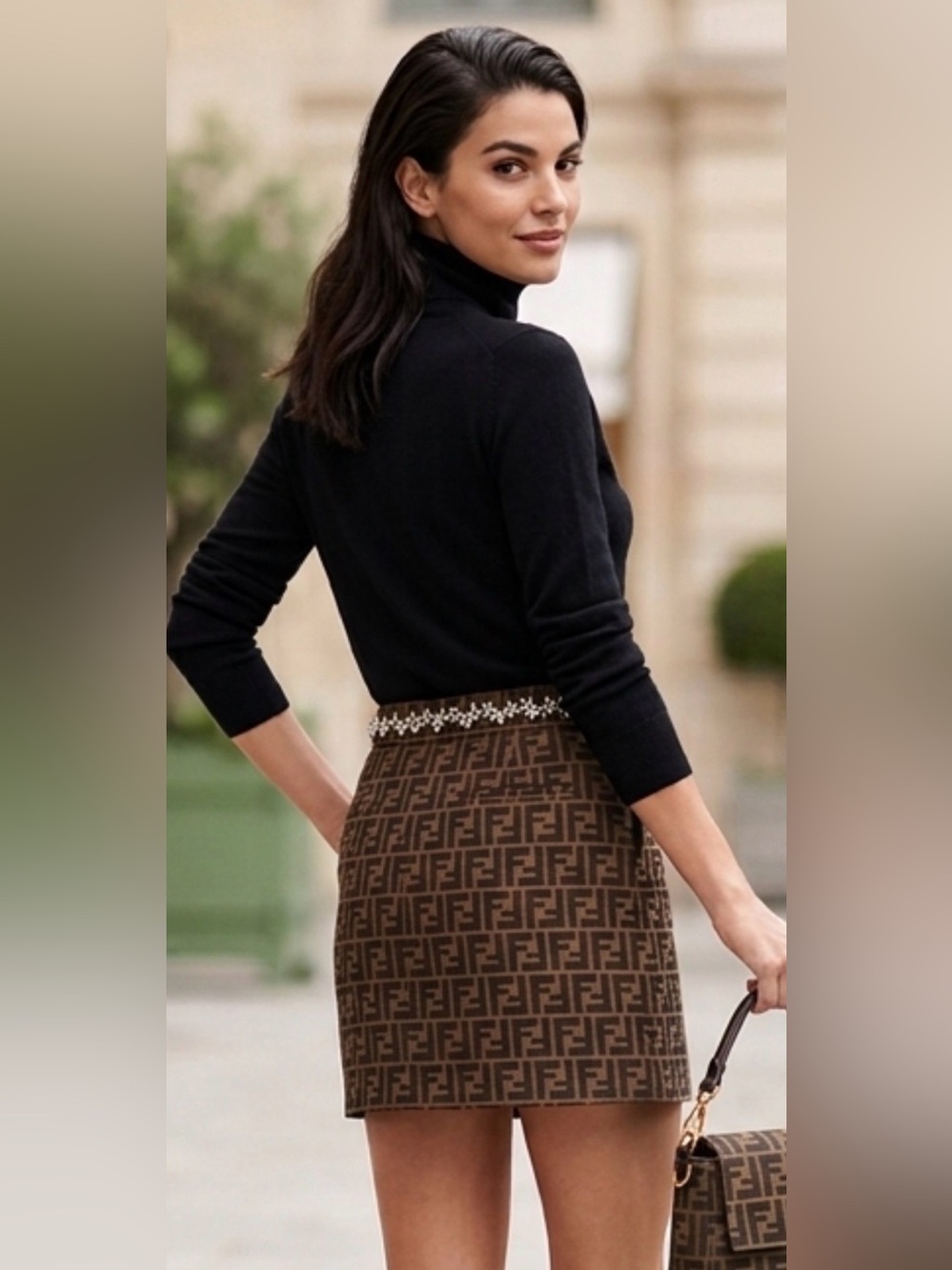 Fendi Crystal Mini Skirt FEB012035 FF Zucca Monogram Embellished Size 48 IT